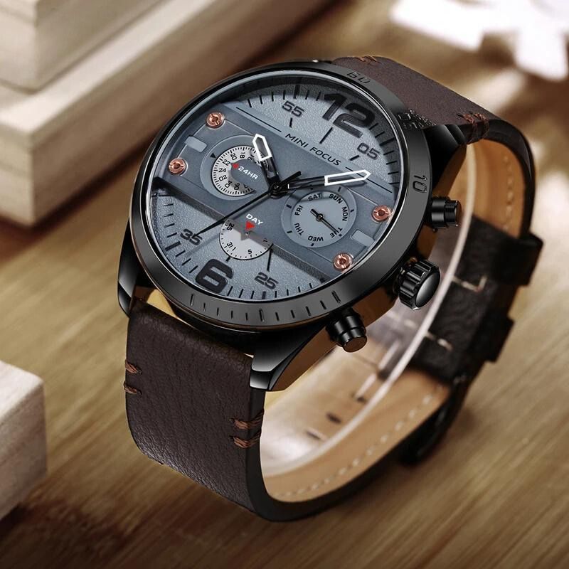 Luxus-Sportuhr aus Leder mit Quarz-Chronograph und Wasserdichtigkeit